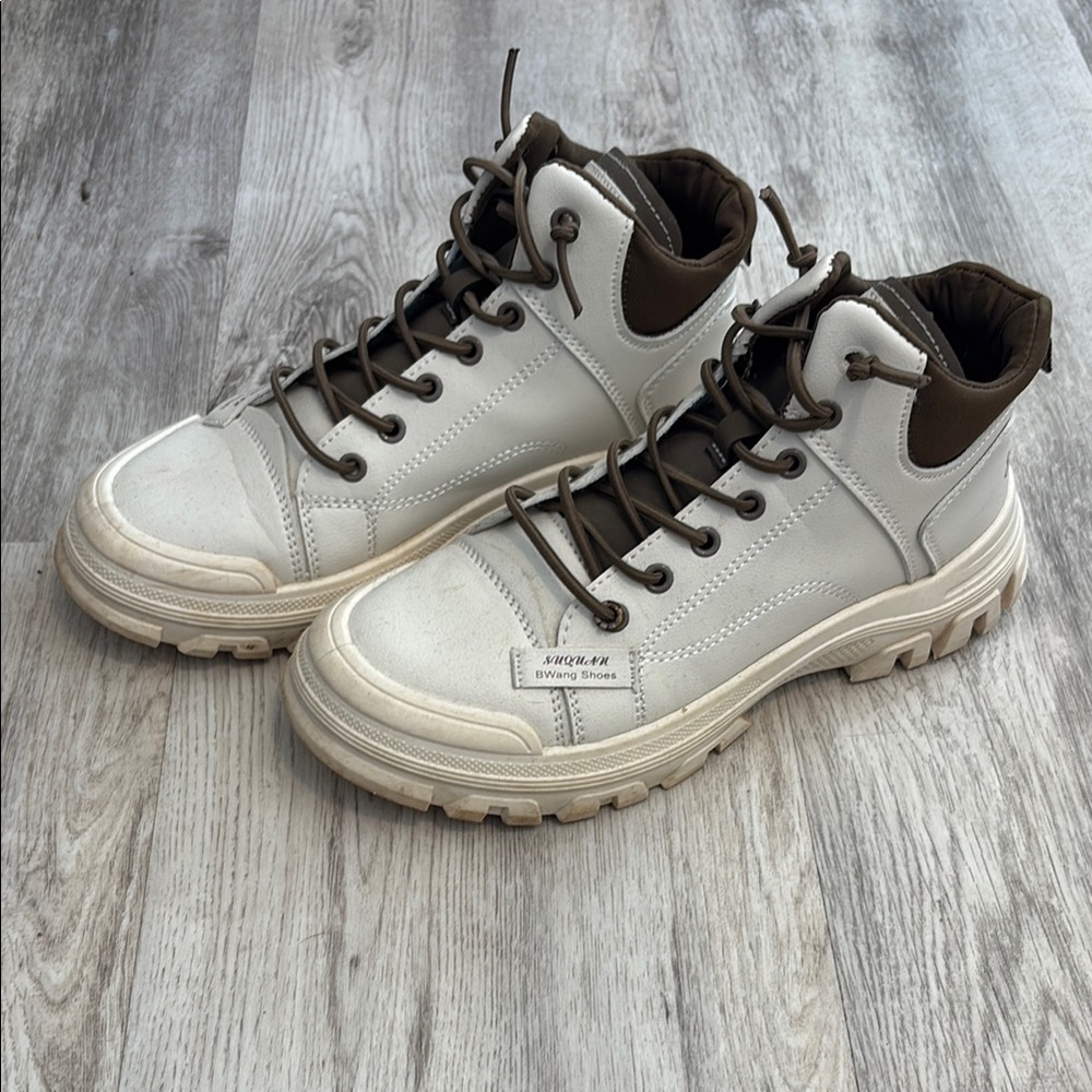 Men's White and Brown High-Top Sneakers